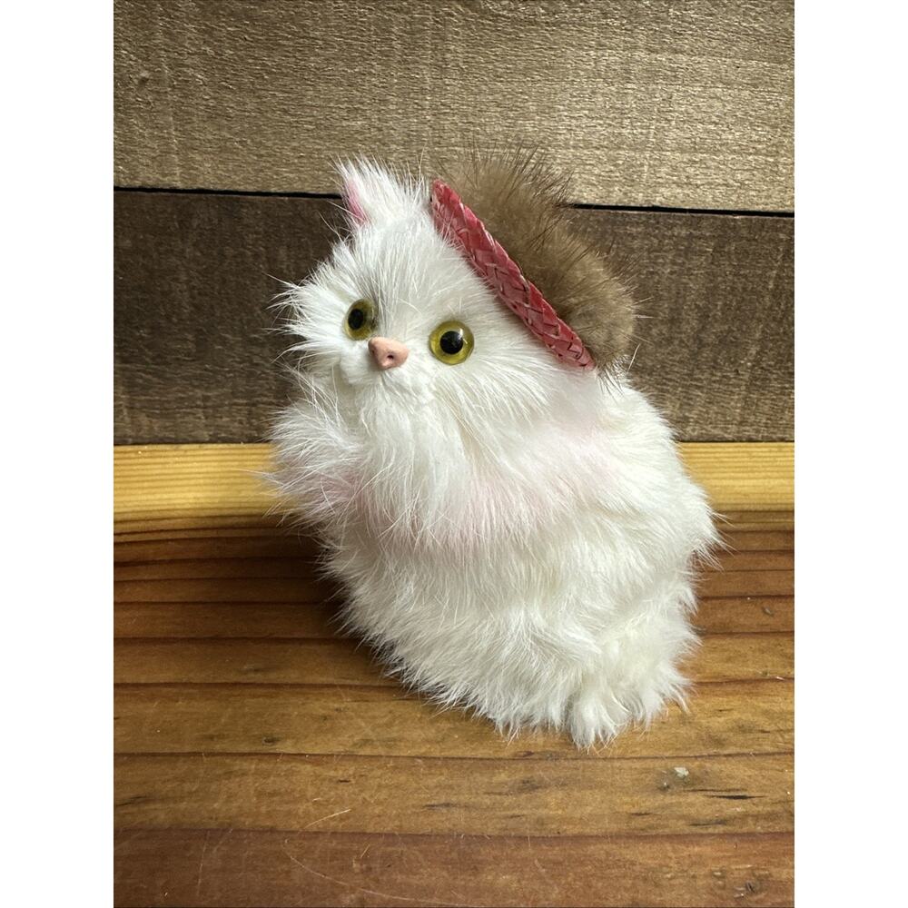 Vintage Real Fur White Pink Cat Kitten Kitty In Hat Rabbit Fur 5”